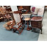 Pokerwork table, mahogany chest, rocking chair, mosses basket etc.