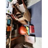 Misc. items incl walking sticks, warming pan, space hopper toy, books etc