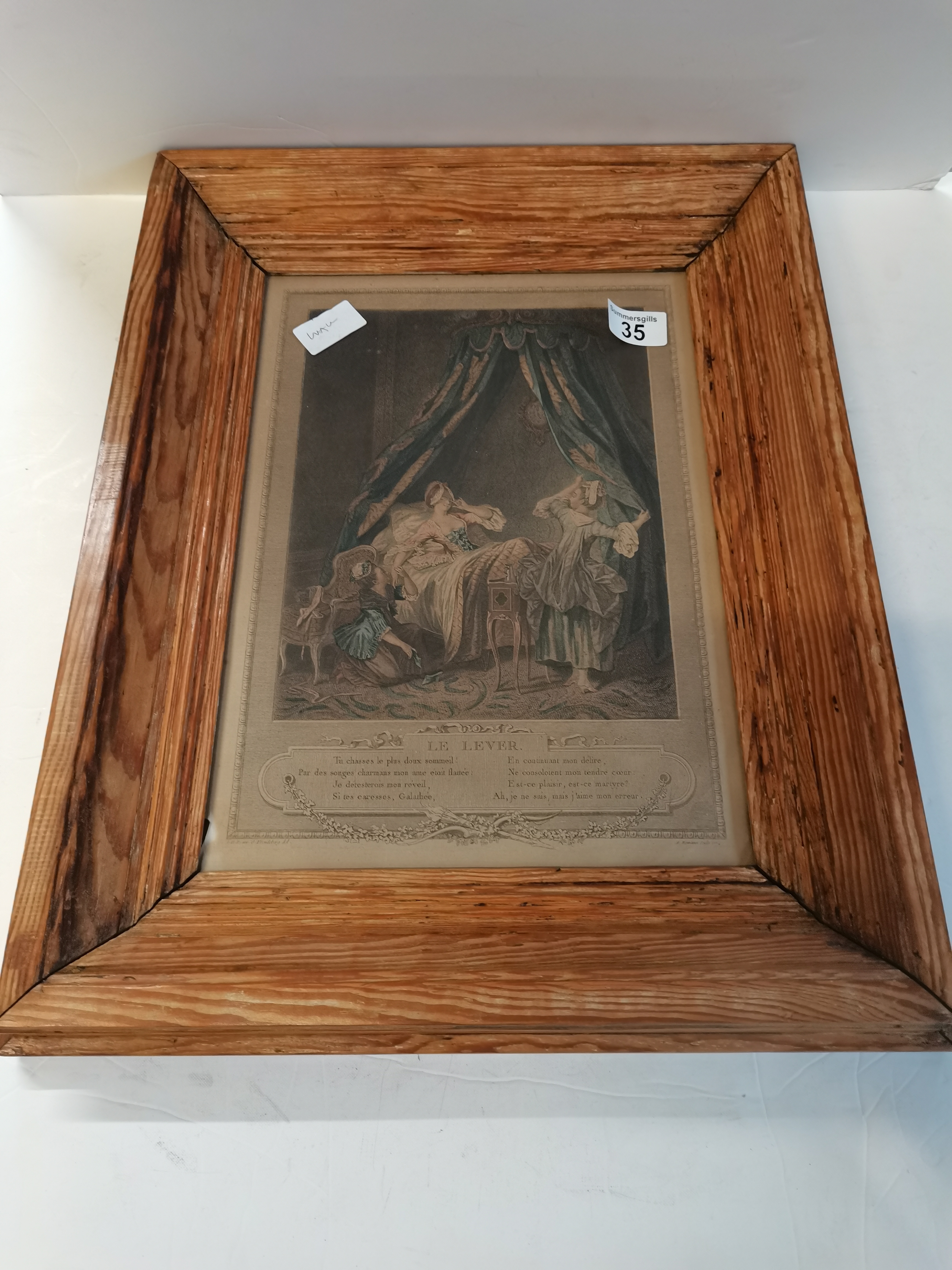 Picture in wooden frame "Le Lever" (Damage to glass bottom lefthand corner)