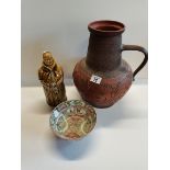 Monk Whiskey Decanter, large clay jug and Chinese bowl. All good condition no chips or cracks