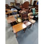 X4 misc. chairs, x3 gold coffee tables, x2 wooden side tables