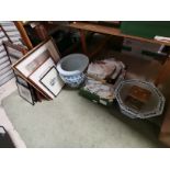 Misc. items incl planters, linen. Framed pictures, glassware etc