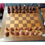 wooden carved chess set in box complete with board
