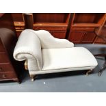 Small Cream and blue chaise lounge with gold legs. Good condition