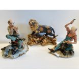 x2 Capodimonte figures - One Man Sewing, One Cobbler plus Chinese gilded Lion on gilt/gold bae