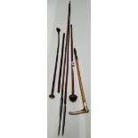 Group of 3 riding crops, (1) Straight pigskin covered, (2) tapering leather braided. (3) Stag horn