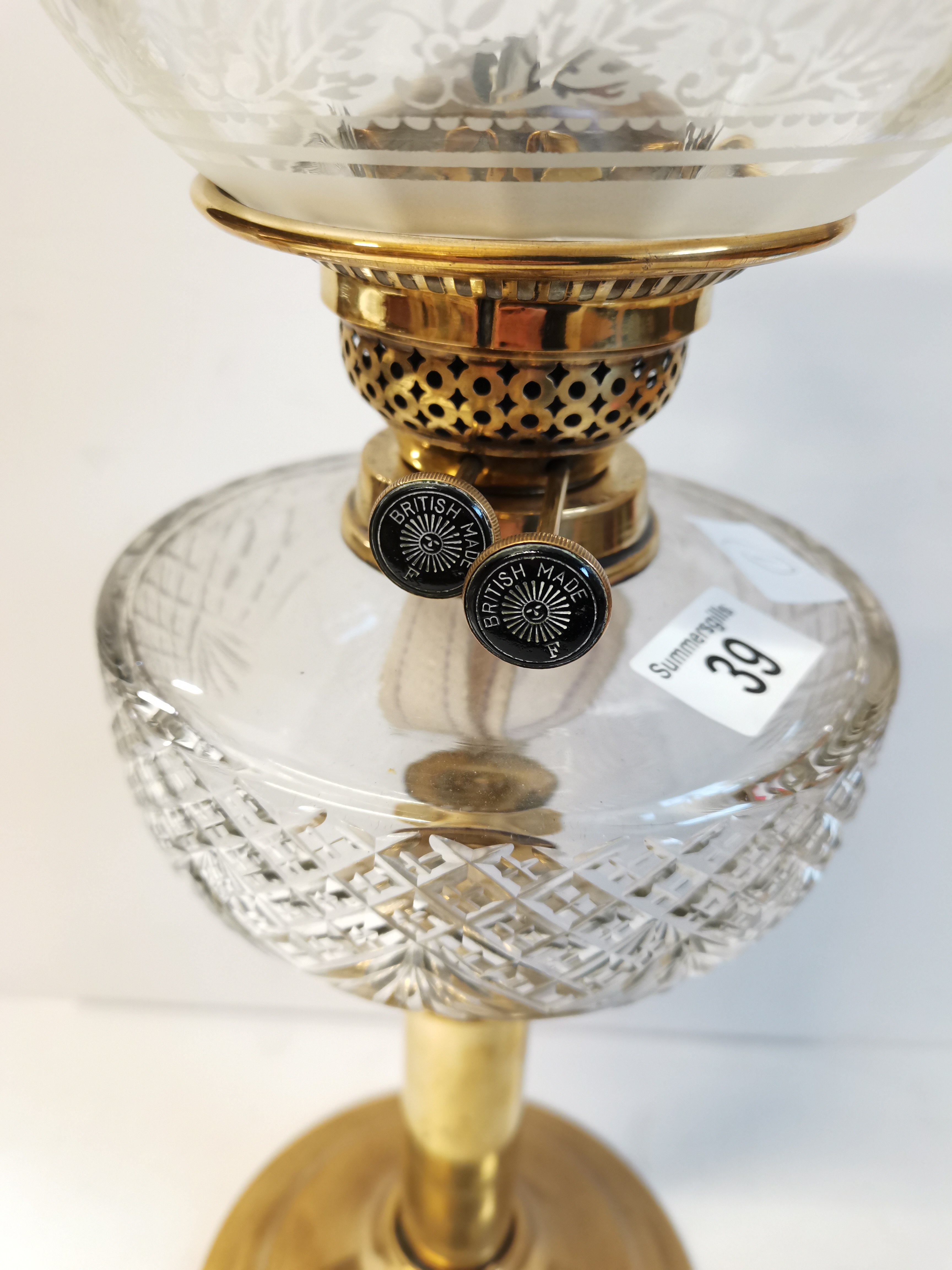 Ornate Etched glass and Brass Oil Lamp