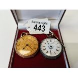 Silver Pocket watch with white dial & flowers on it plus Open pocket watch with 9ct gold pocket