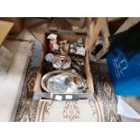1 x box misc. items incl plated ware, old pipes, Brass bell on decorative chain, China inc Toby jug,