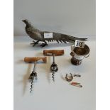 X2 vintage wooden corkscrews, metal Pheasant and cup