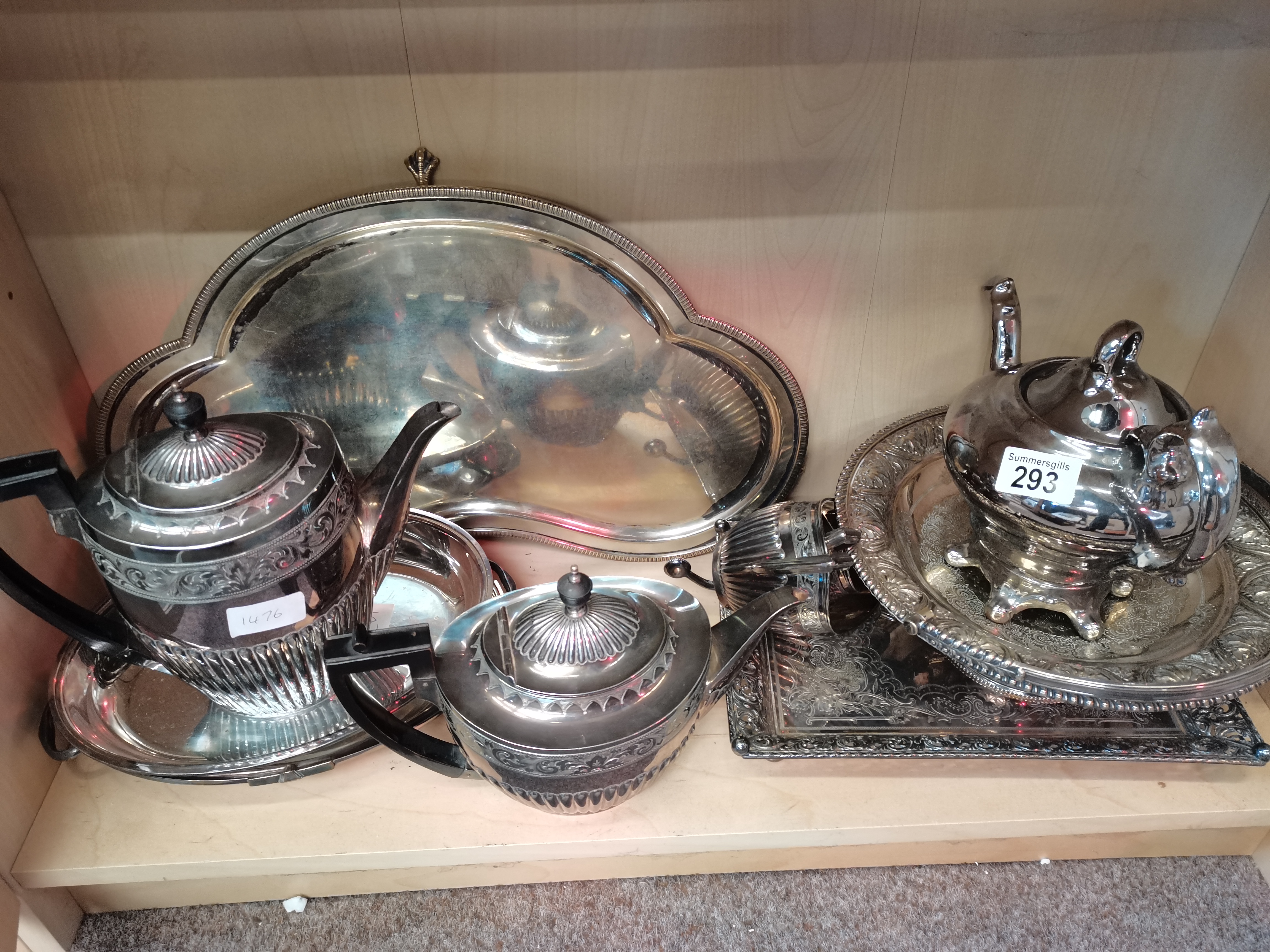 collection of Silver plated trays, tea/coffee pots and jugs