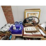 Misc. items incl oval mirror, framed pictures, blue and white crockery