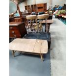 Ercol coffee table, x2 bar stools and an old trunk