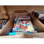 3 boxes msc. Items incl Beano and Dandy annuals and records and glassware