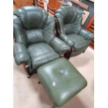 2 retro green leather armchairs and matching footstool