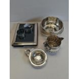 Silver items incl. napkin rings, jug, bowls picture frame