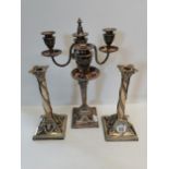 X2 Sheffield plated Silver candlesticks plus large 3 candle holder candlestick