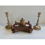 French Antique Marble and bronze Ink Well and a pair of brass candle stick
