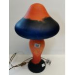 Orange and Blue glass art nouveau mushroom lamp in the style of Daum