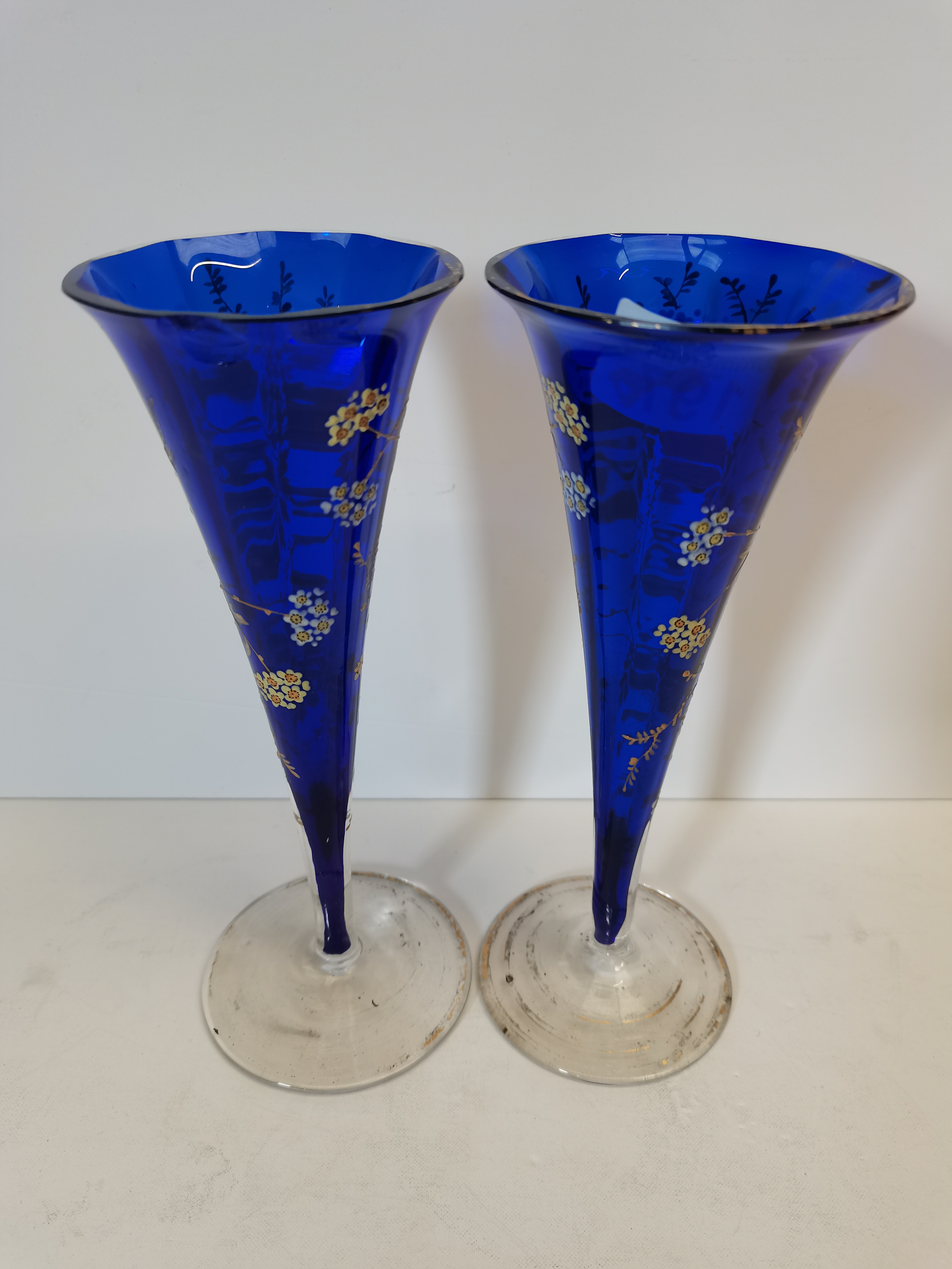 Pair of hand-decorated blue Victorian vases (chip to one rim) - Image 4 of 6