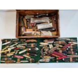 Large collection of pen knifes and Swiss army knifes in wooden box