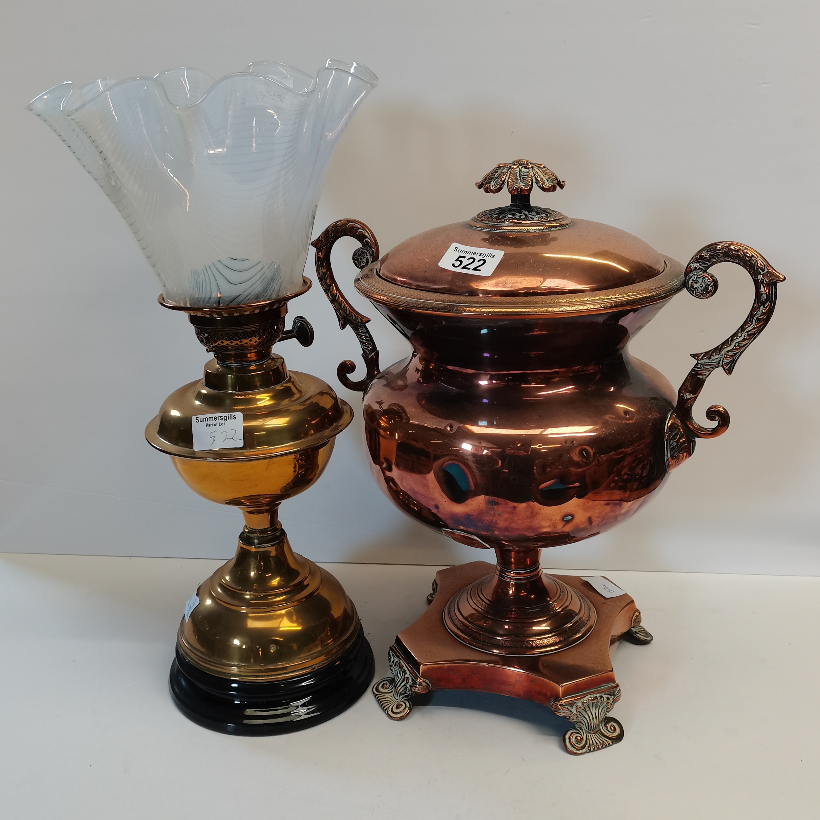 Copper tea urn and oil lantern with glass shade - Image 2 of 2