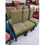 Set of 6 Oak dining chairs with green upholstery