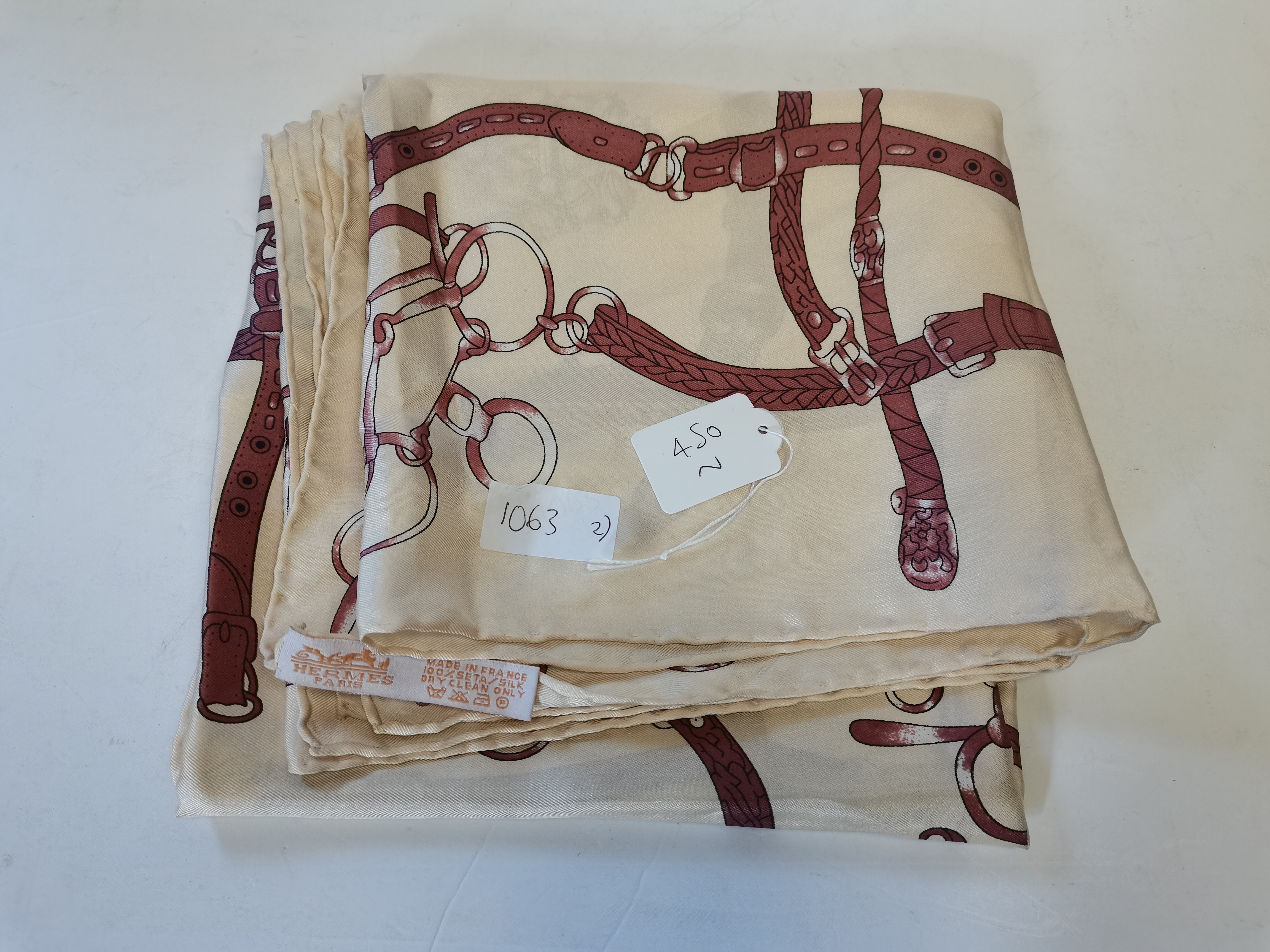 Genuine Hermes silk scarf, cream and brown with hand rolled hems. 33" x 33". Good vintage condition - Image 3 of 4