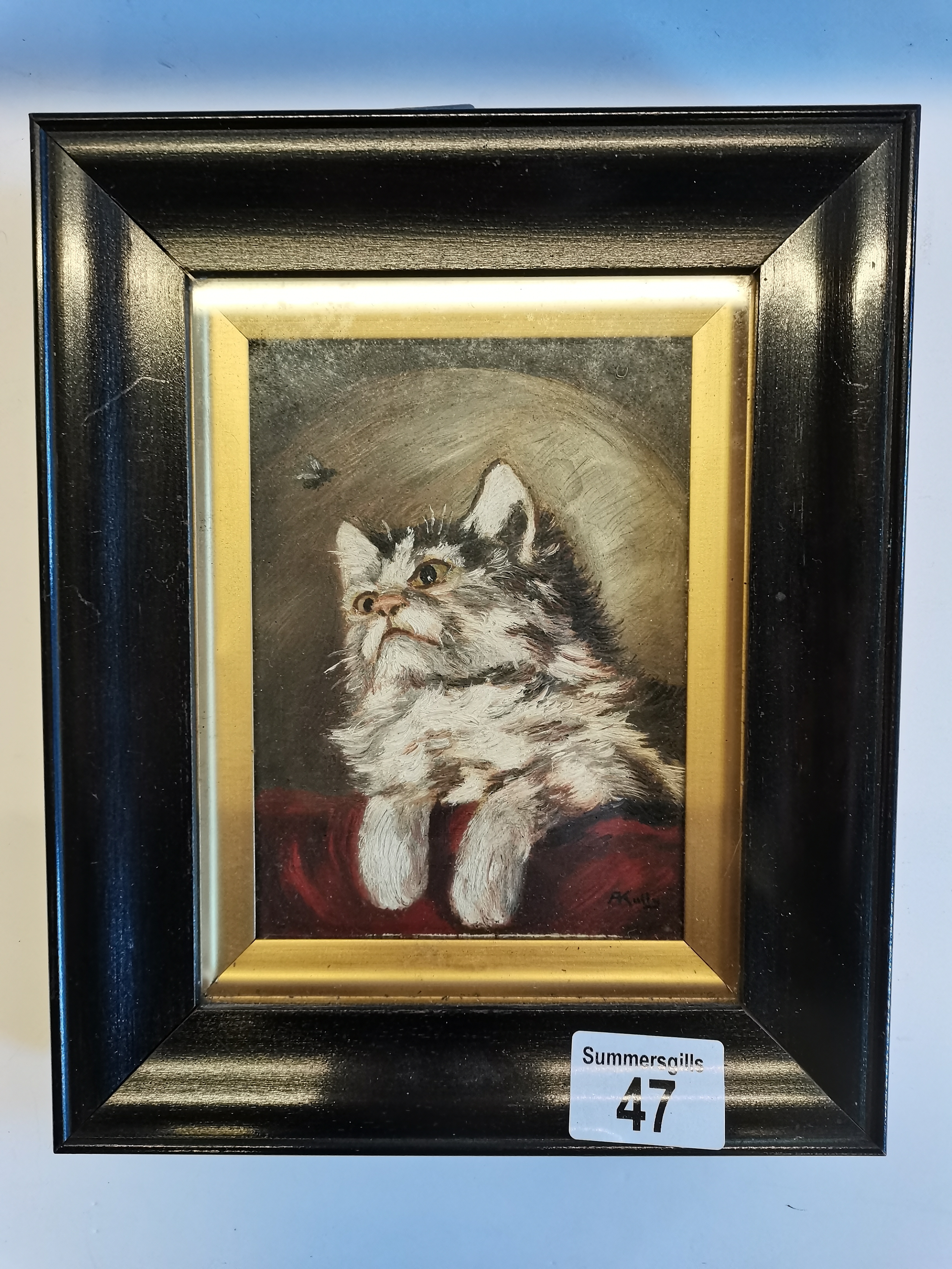 Madame Momtshila (Cat) painted by her owner Artur Kully 1932 in black frame - Image 2 of 4