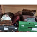 2 boxes containing coins cutlery radio etc