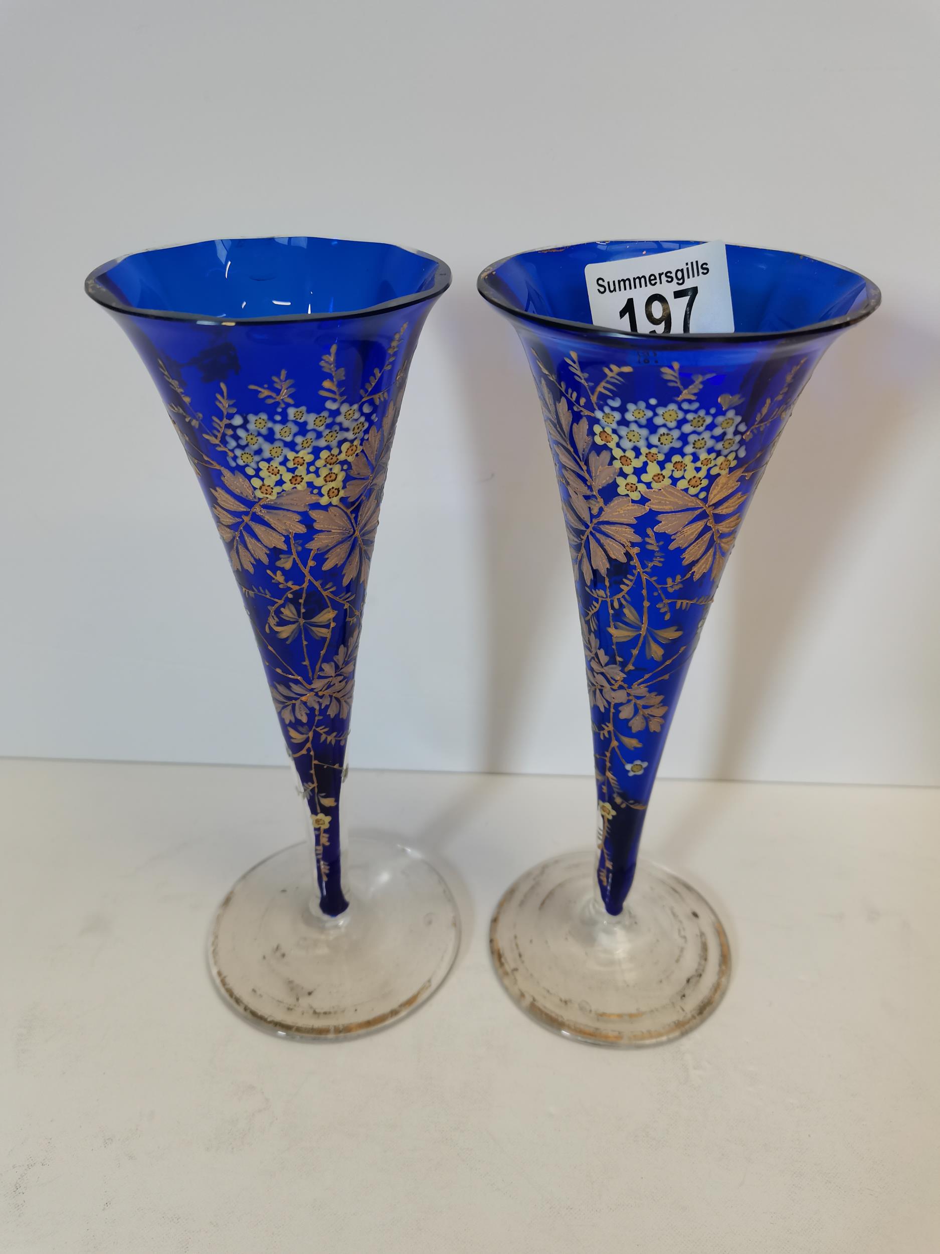 Pair of hand-decorated blue Victorian vases (chip to one rim)