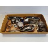 A selection of silver items incl. tortoise shell dressing table set, napkin rings etc