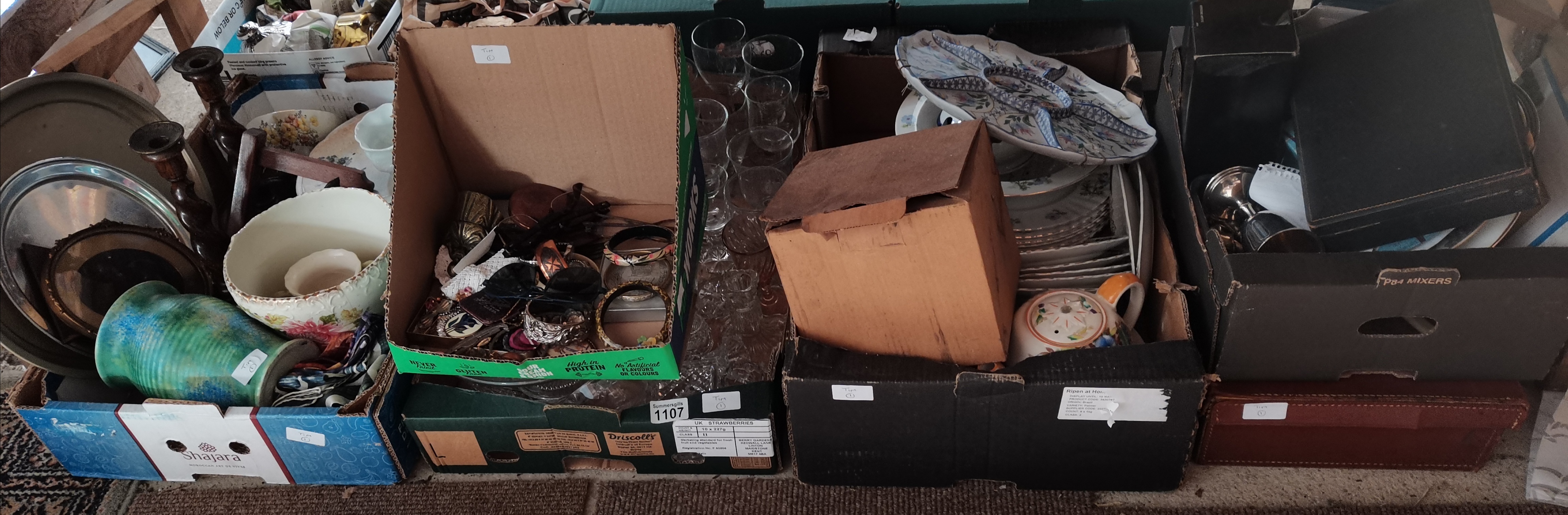 5 Boxes of Misc. Items to include Costume Jewellery, Glassware etc plus a brown leather case