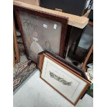 1 Oak decorative Bo Peep Fire Screen, 1 Ornate Oak Mirror and a Picture of a cat