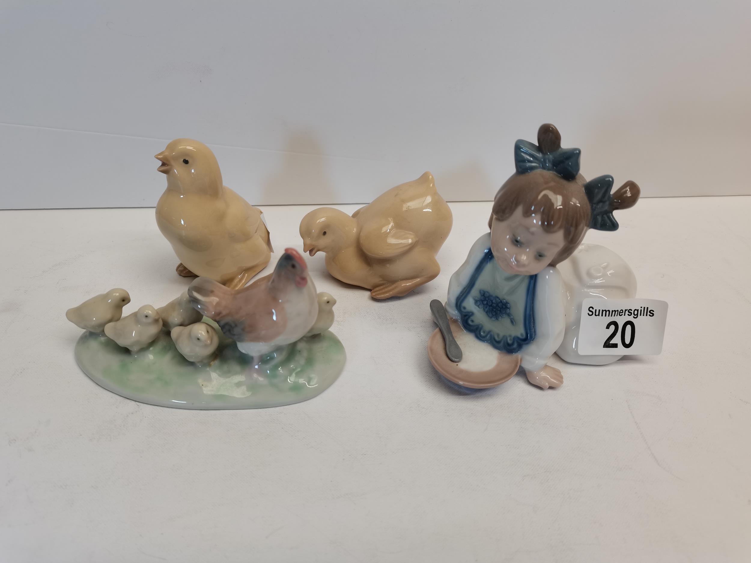 x4 Nao lladro figures incl x2 chickens, x1 Mother hen and chickens, x1 crawling girl