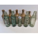 5 x H JOHNSON BEVERLEY stoneware bottles and 5 x glass bottles inc CODDS walop ale