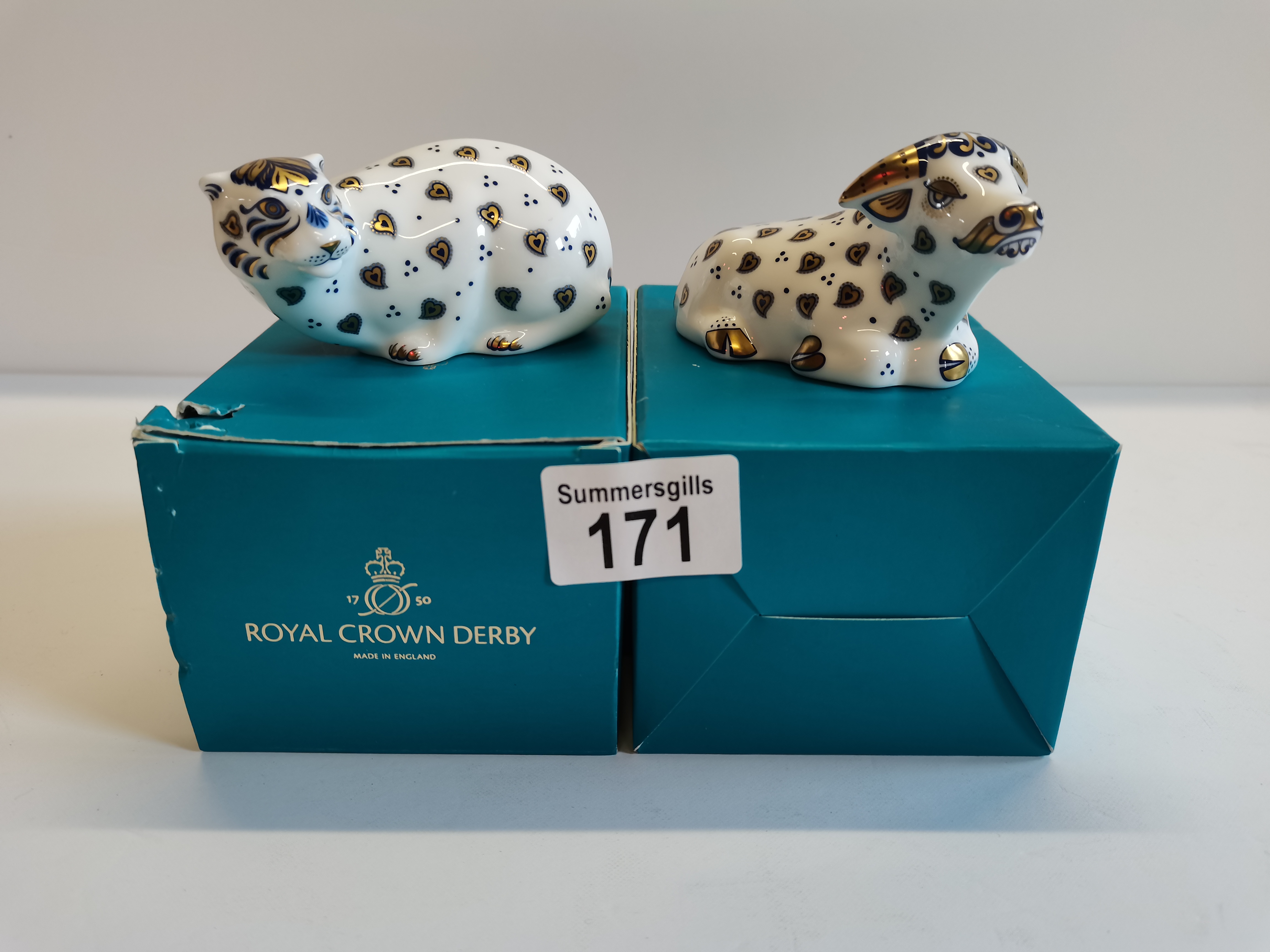 Crown Derby Tiger and Ox with gold stoppers and boxes