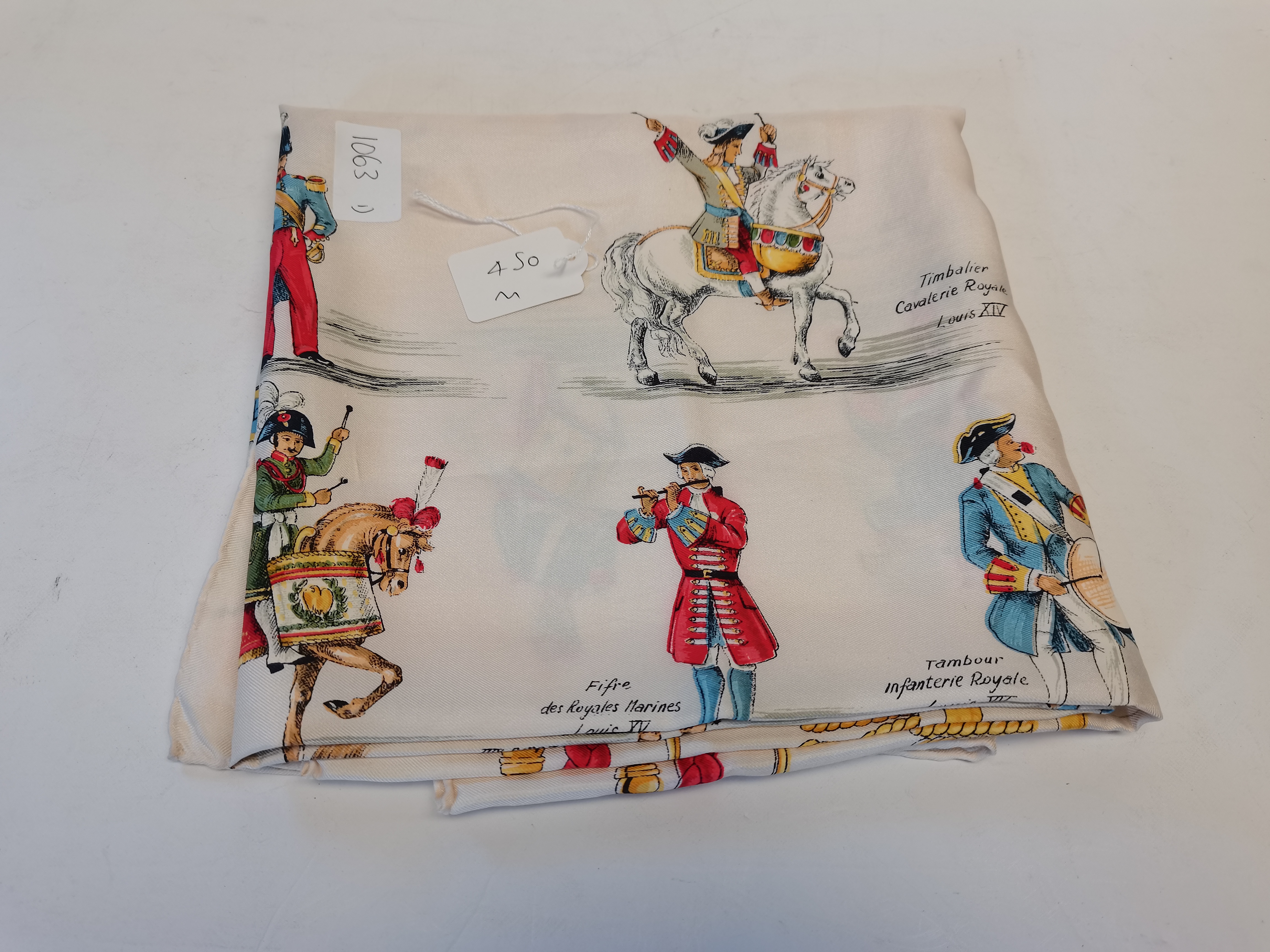 Genuine Hermes silk scarf "Les Musiques Militaires" designed by Hugo Grygkar. Cream with hand rolled - Image 3 of 4