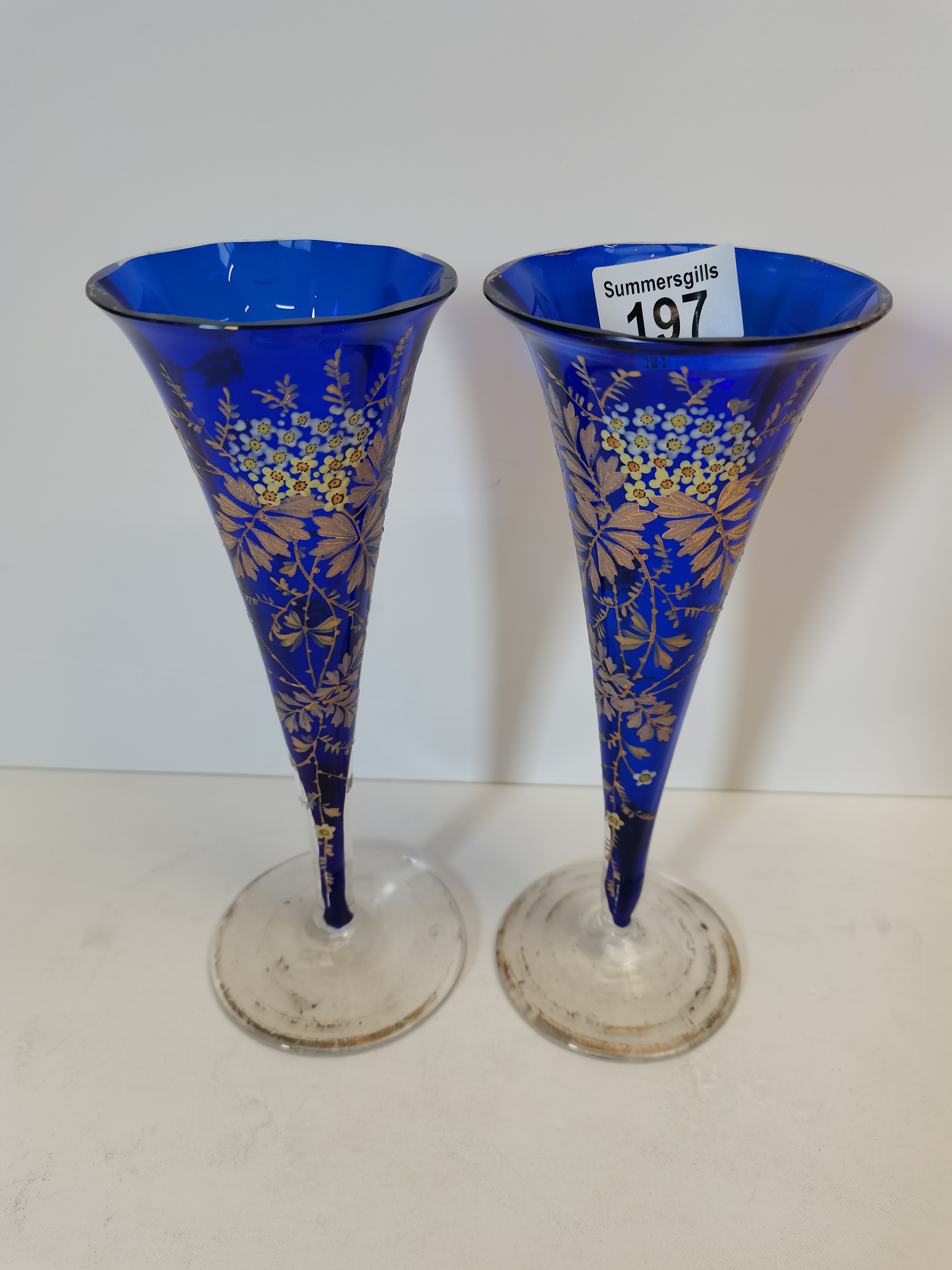 Pair of hand-decorated blue Victorian vases (chip to one rim) - Image 2 of 6