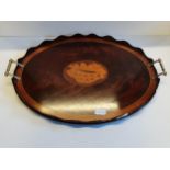 Antique Victorian inlaid Mahogany Oval Butler serving tray with Brass handles