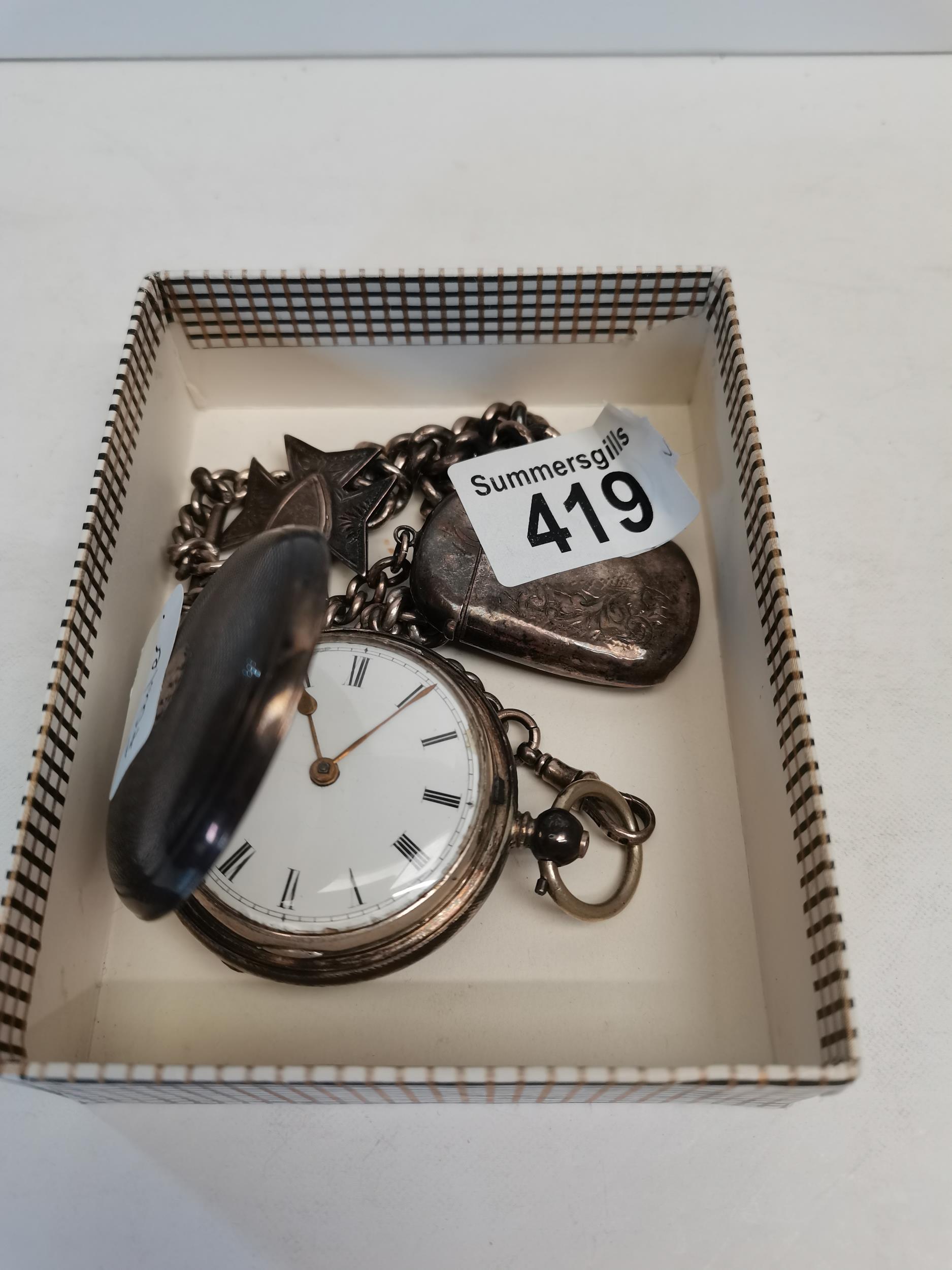 Silver hunter pocket watch on chain with Vesta case
