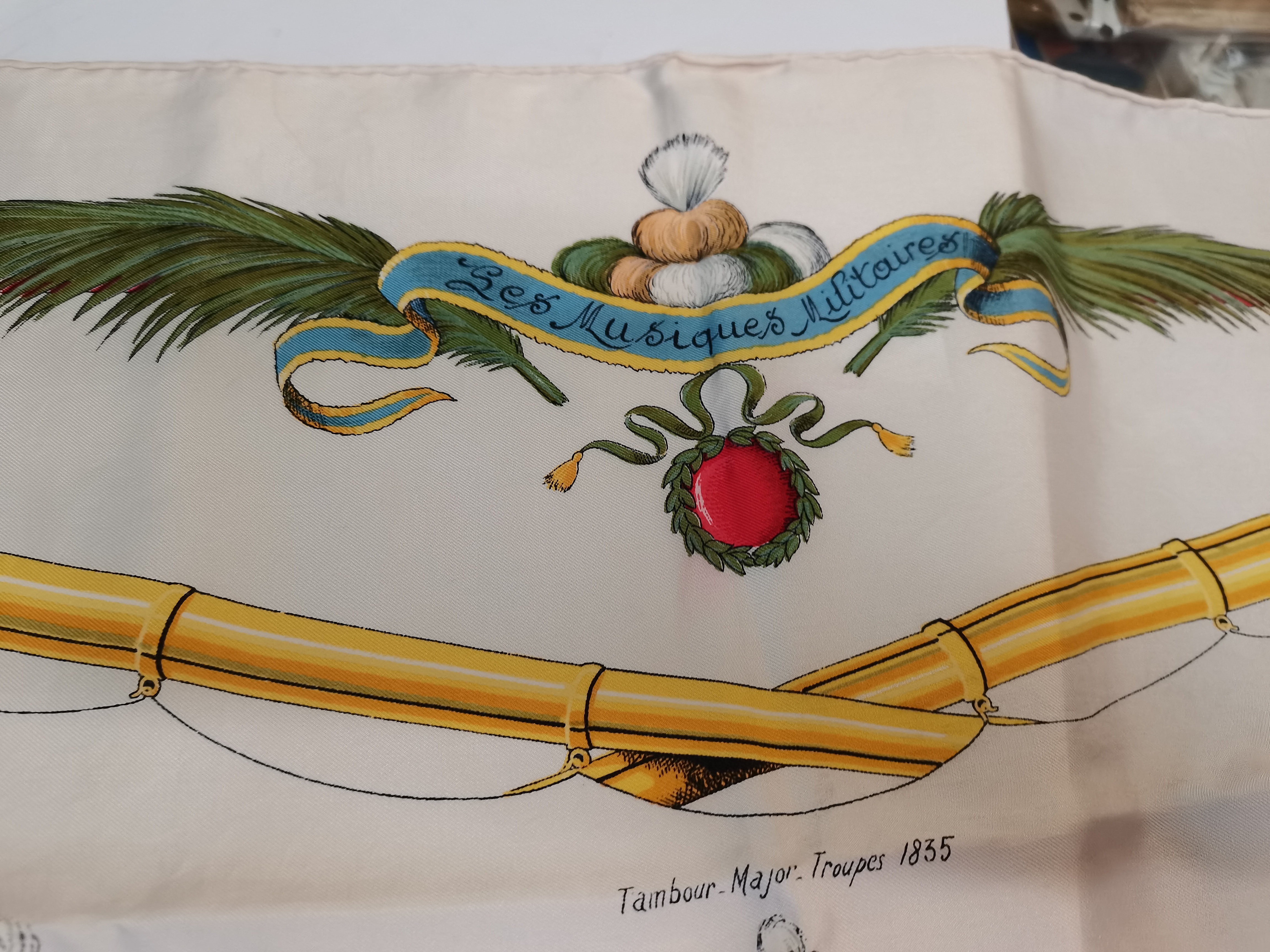 Genuine Hermes silk scarf "Les Musiques Militaires" designed by Hugo Grygkar. Cream with hand rolled - Image 4 of 4