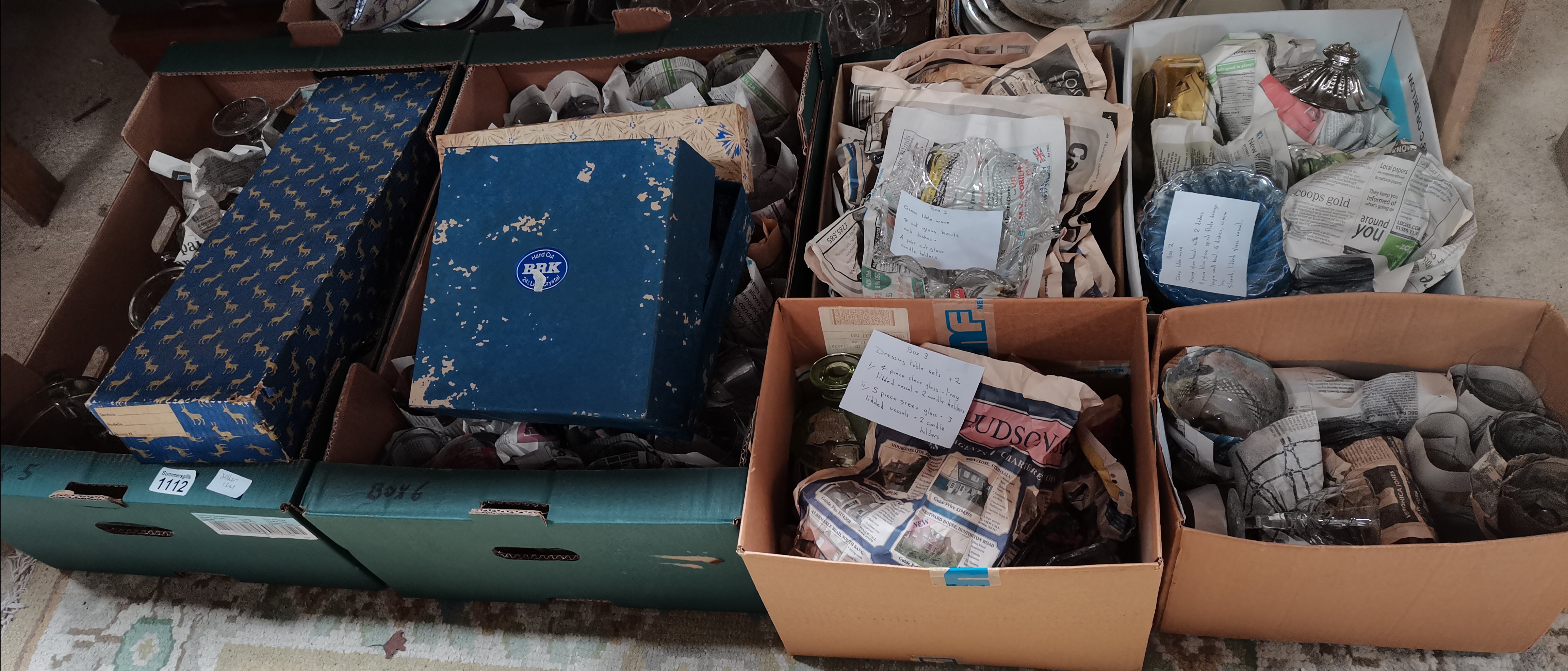 6 Boxes of Glassware some Coloured, plated ware etc