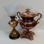 Copper tea urn and oil lantern with glass shade