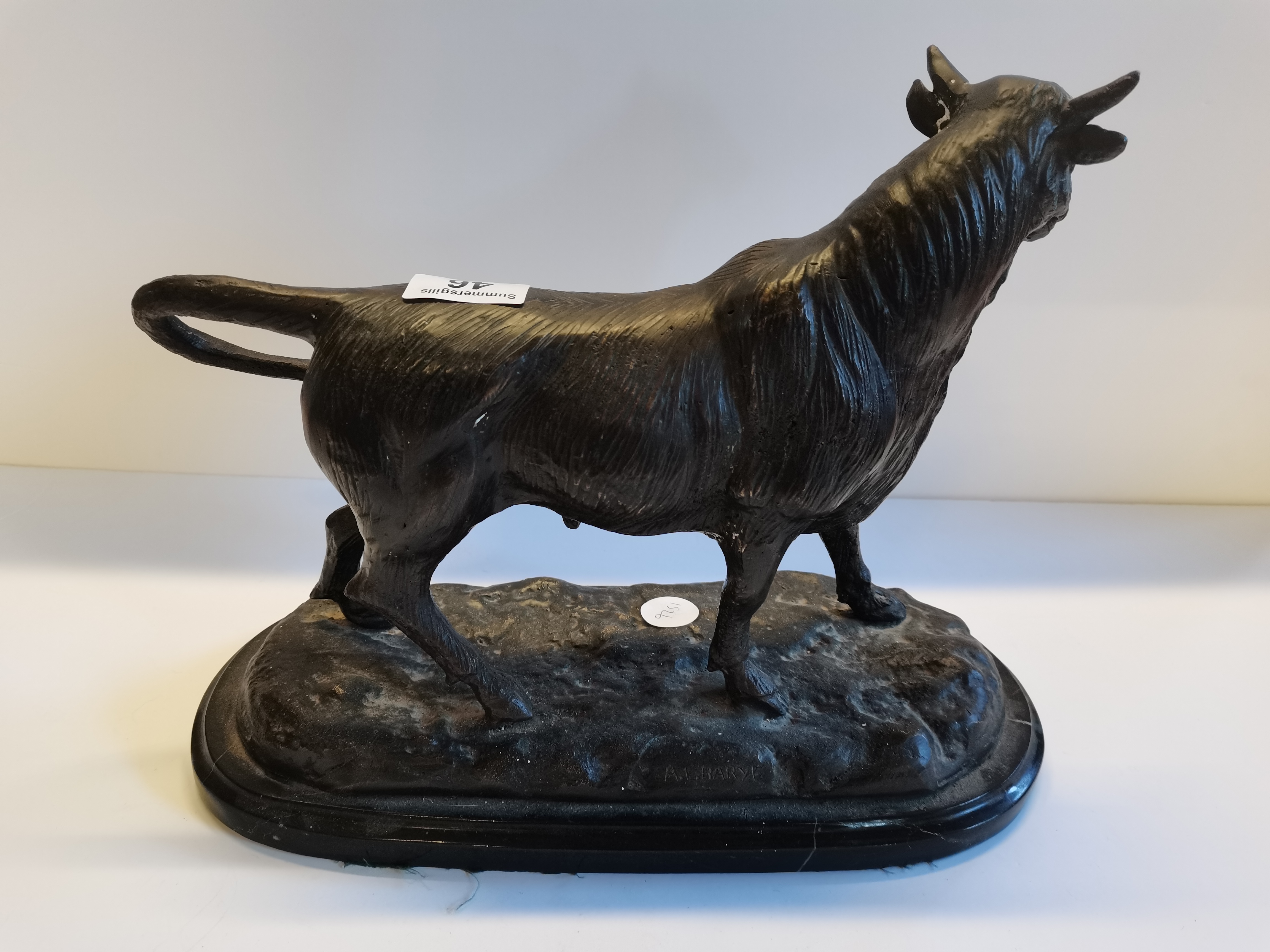 Metal statue of a Bull on Base signed - Image 4 of 9