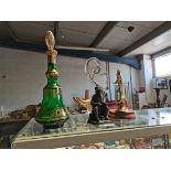 4 x figures - glass swan, leaping fish on stand, bronze man and green and gilt glass piece