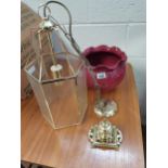 Modern glass hall lantern plus antique burgundy vase plus brass ink well