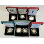 X7 Silver proof piedfort 50 pence coins in original presentation cases & box. Complete with