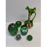 Antique green paperweights (x 5) plus Antique Bohemian green glass pitcher 23cm height