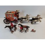 Wells Fargo metal toy stage coach - X3 cast iron hunting figures